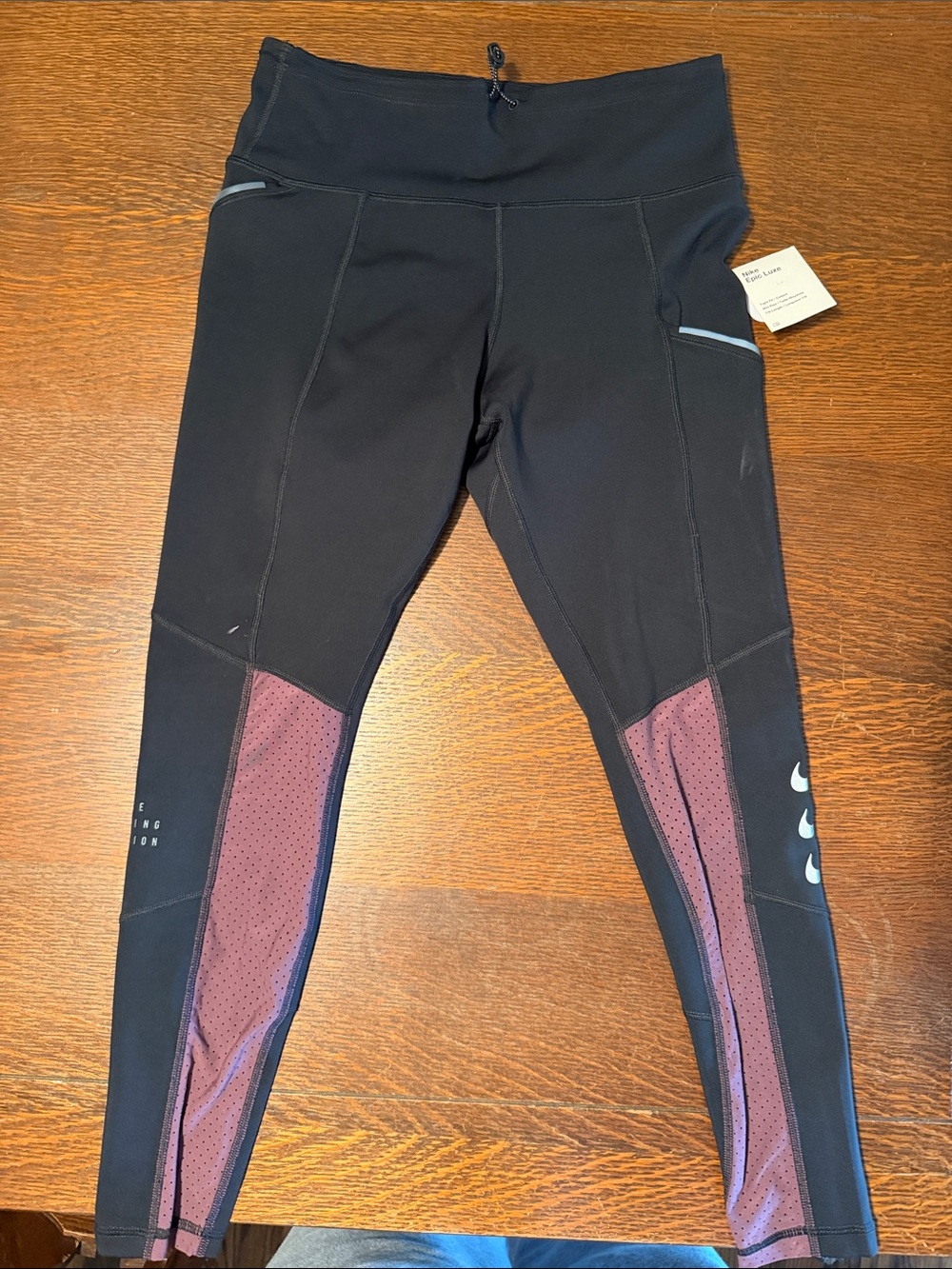 Athletic Womens Black Leggings with Maroon Panel Accents